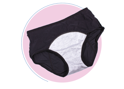 A pair of black period underwear with a red lining on the inside.
